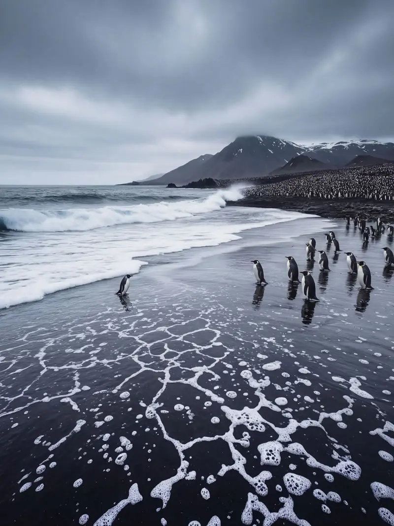 Kraljevski pingvini stoje duž crne pješčane plaže s oceanskim valovima i planinama u Južnoj Georgiji, fotografirao fotograf divljeg života Christian Hartmann u polarnom okruž
</p>
        </div>

        <footer>
            <!-- post pagination -->            <!-- review -->
            <div class=