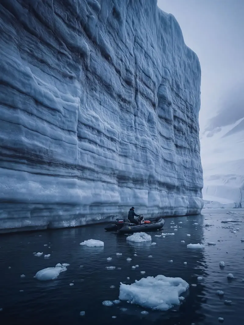Istraživač u malom napuhavajućem čamcu navigira ledenom vodom pokraj masivnog ledenjačkog zida u Južnoj Georgiji, fotografirao fotograf divljeg života i prirode Christian Hartmann u polarnom okruženju Južnog oceana.