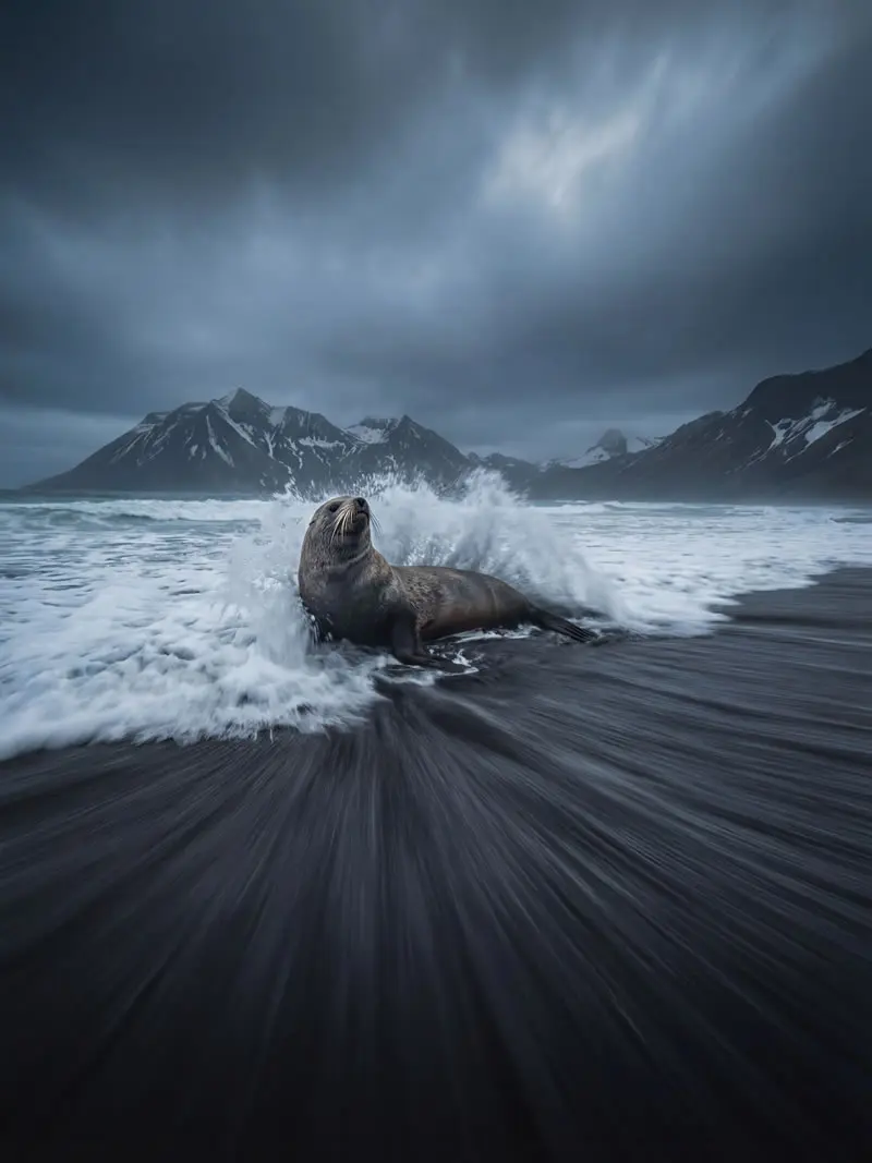 Antarktički tuljan krznar izlazi kroz razbijene valove na tamnoj vulkanskoj plaži u Južnoj Georgiji s dramatičnim planinama i olujnim oblacima, fotografirao fotograf divljeg života Christian Hartmann.