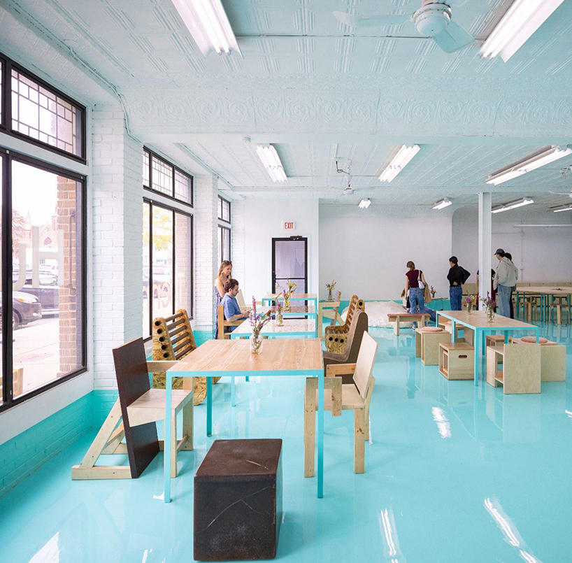 reclaimed oak, cork, and cardboard build flexible furniture for cultural hub in NY - 1