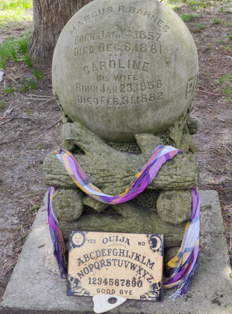Caroline's impossible date of death is chiseled in the granite: February 31. The monument also faces north-south, while most headstones are oriented east-west.